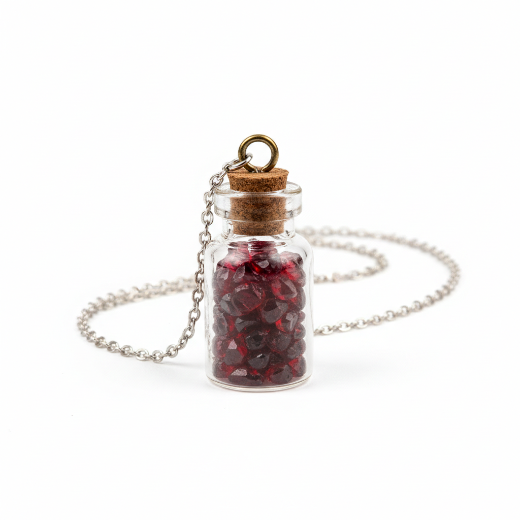 Garnet bottle necklace with glass vial pendant filled with deep red garnet chips