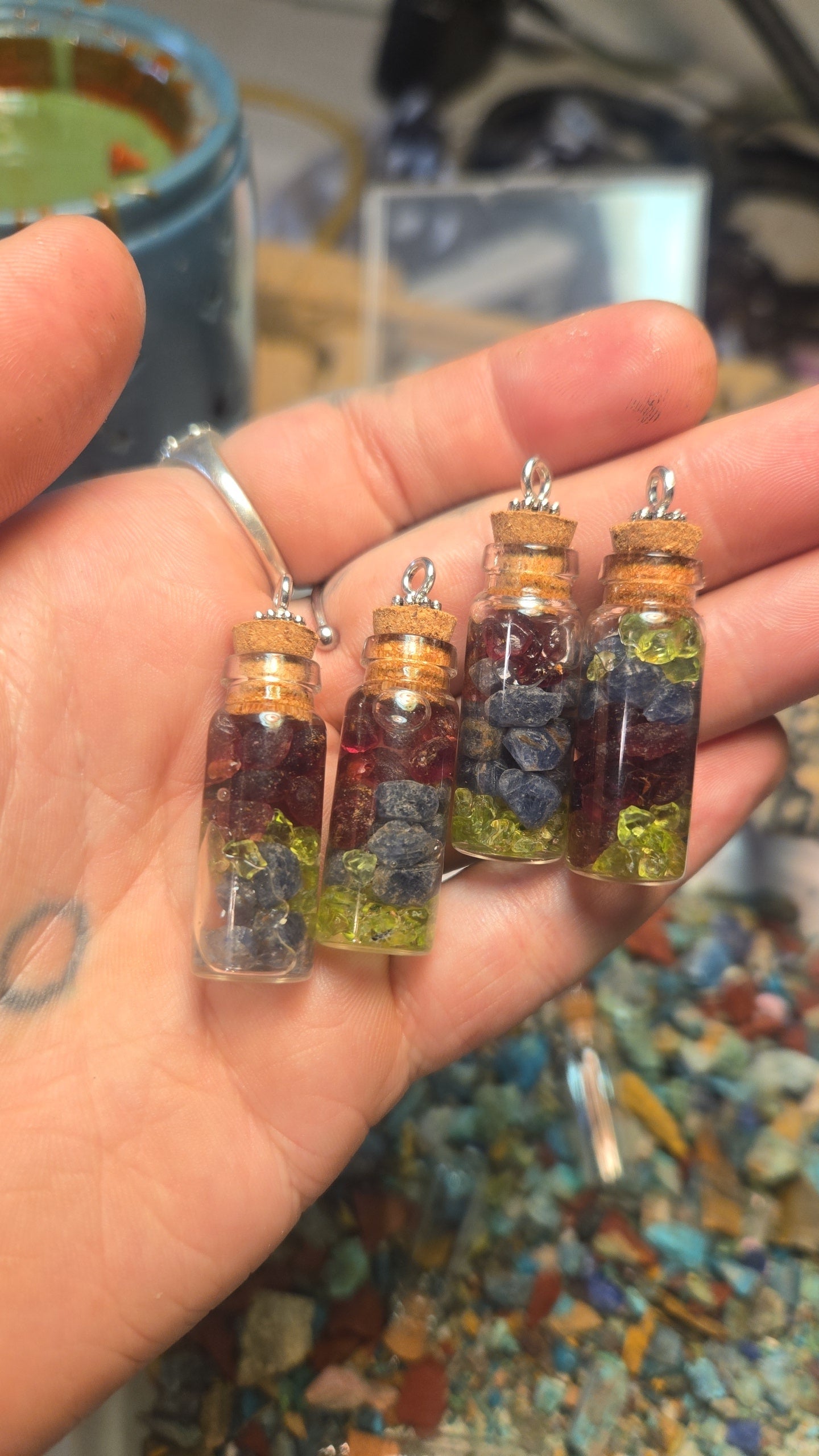 Peridot/Garnet/Sapphire Glass Bottle Necklace